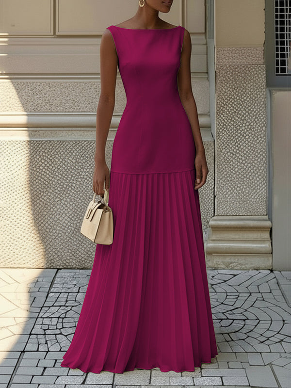 Vestito Maxi Donna Plissettato Scollo a Barca Senza Maniche Spacco