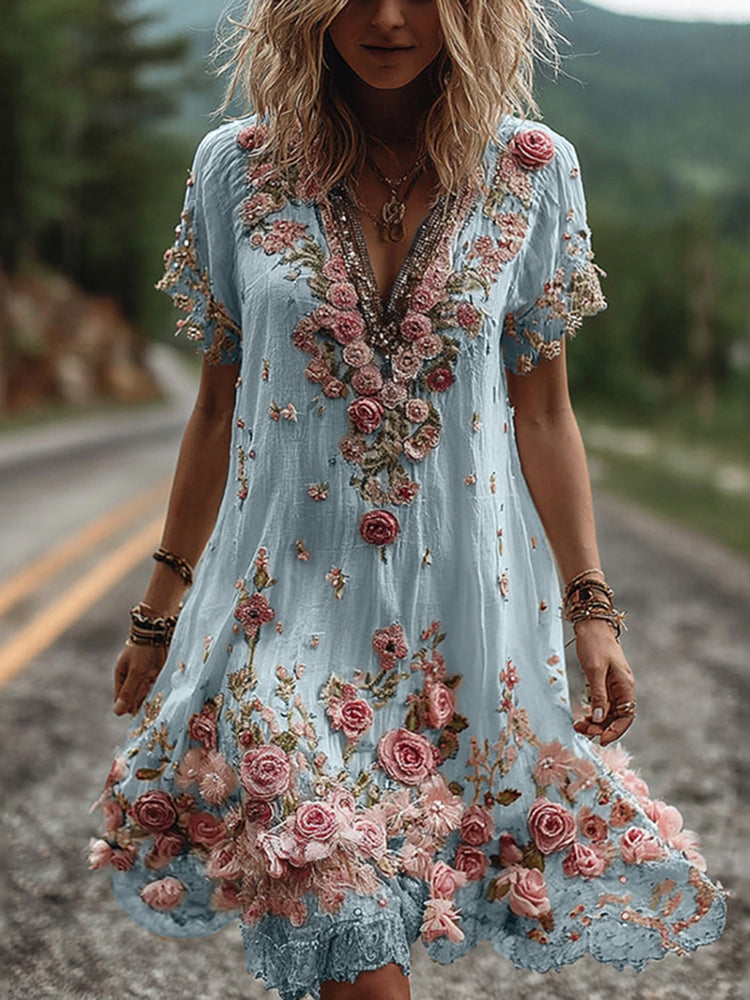 Abito Donna Ricamato Floreale Scollo a V Stile Elegante