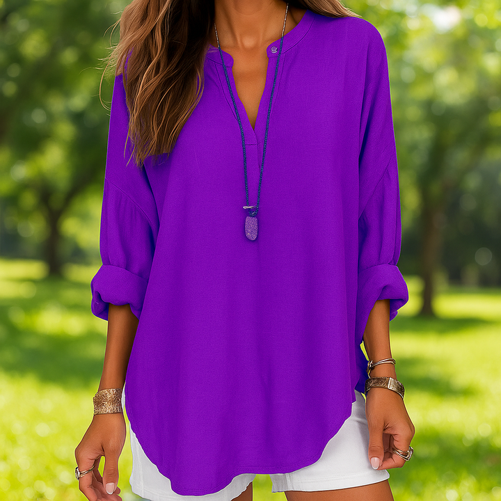 Camicia Donna Scollo a V Maniche Lunghe Arrotolabili Estiva