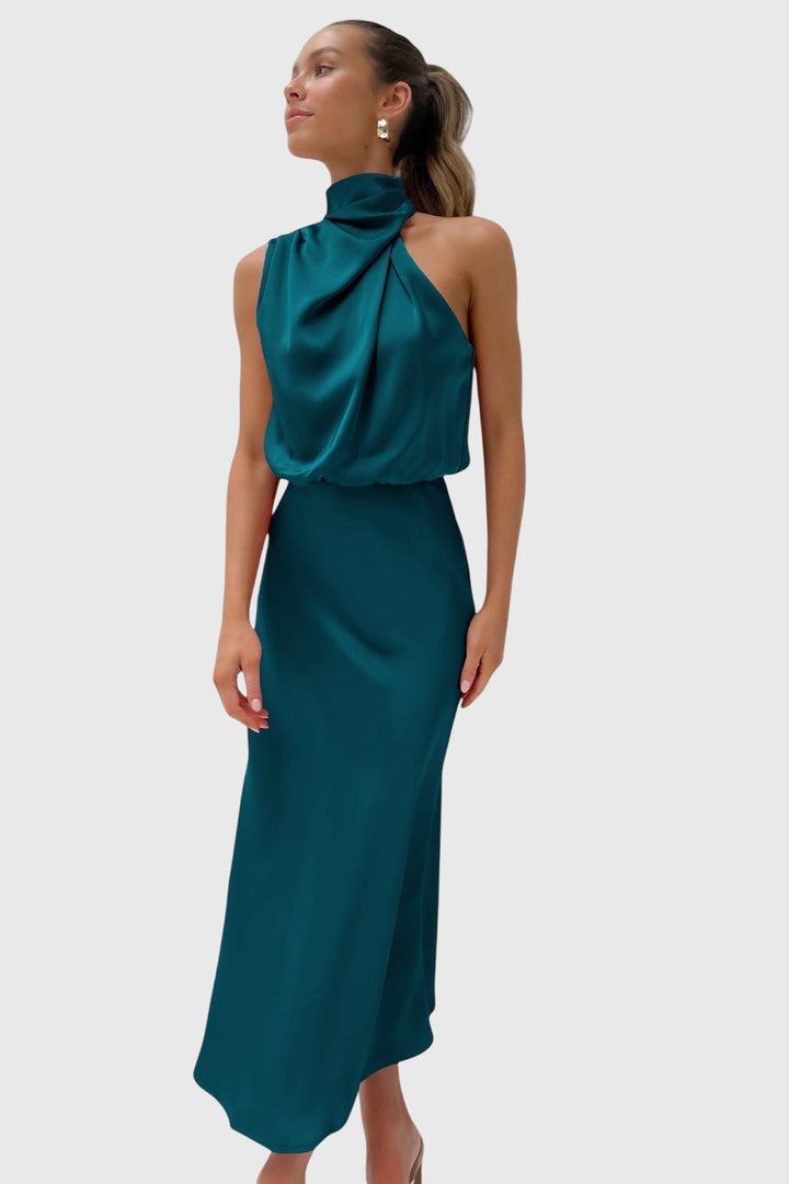 Abito Donna Halter in Raso Lucido Linea Svasata