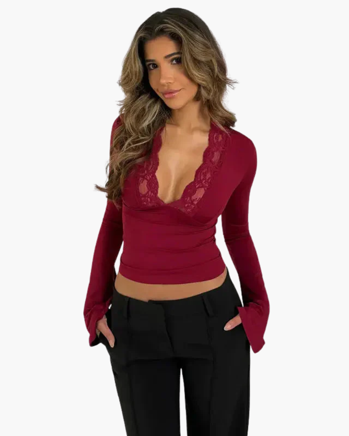Donna Maniche Lunghe Pizzo Scollo a V