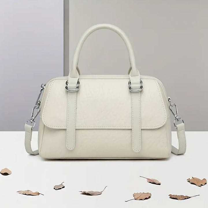Borsa a mano bianca elegante in pelle sintetica, design moderno con manici e tracolla regolabile, perfetta per moda autunno.
