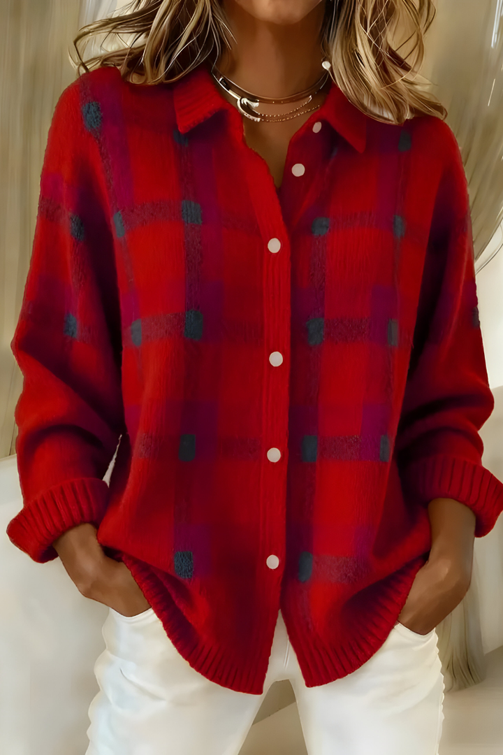 Cardigan Donna Maglia Morbida Quadri Vestibilità Comoda