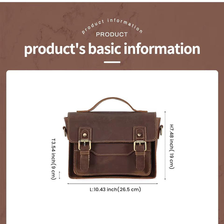 Borsa a tracolla in pelle marrone, dimensioni 26,5x19x9 cm, con manico superiore e chiusura a fibbia. Elegante e pratica per uso quotidiano.