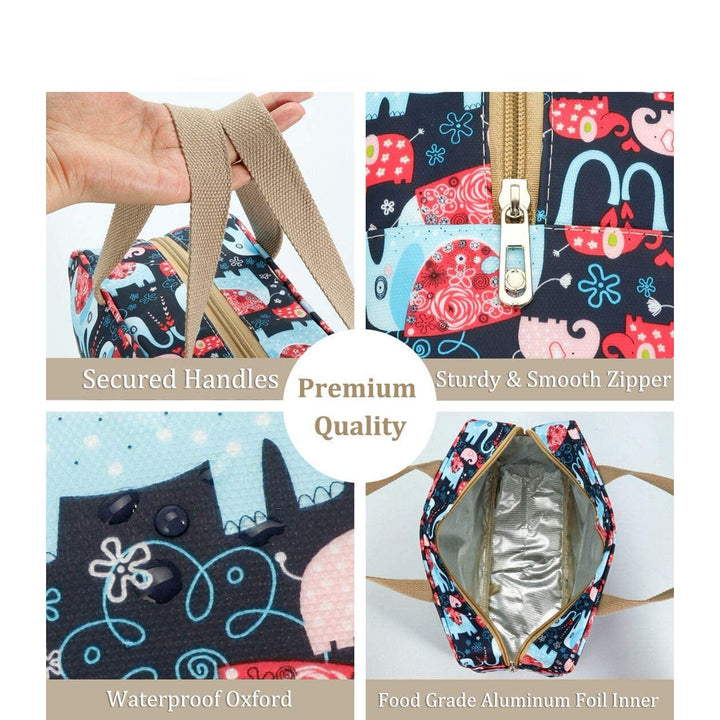 Borsa termica per pranzo con manici rinforzati, cerniera robusta, tessuto Oxford impermeabile, interno in alluminio alimentare. Design elefanti colorati.