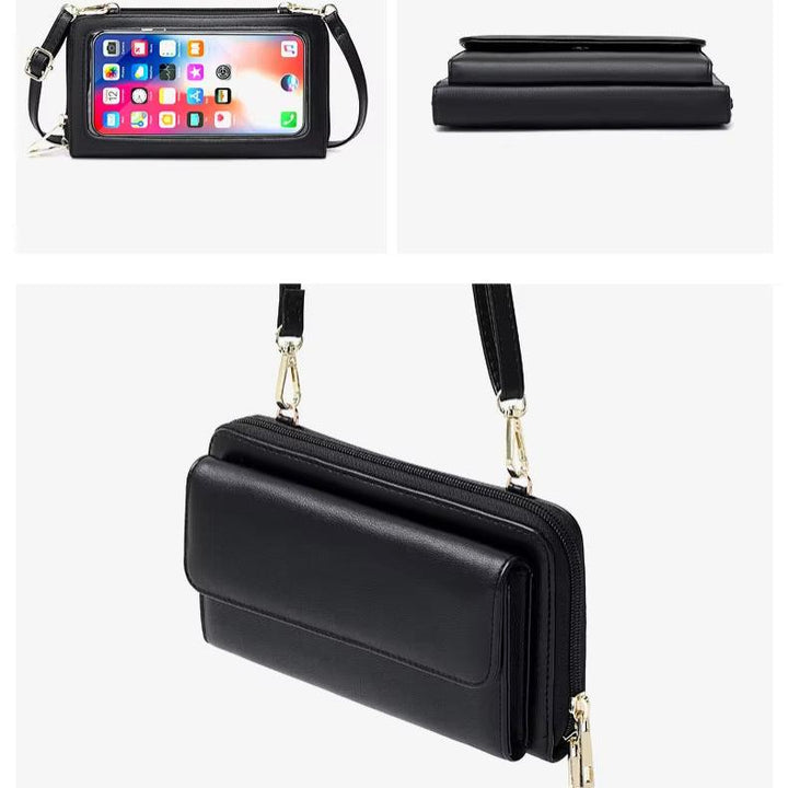 Borsa a tracolla nera in pelle con tasca trasparente per smartphone, design elegante e funzionale, ideale per moda e praticità quotidiana.