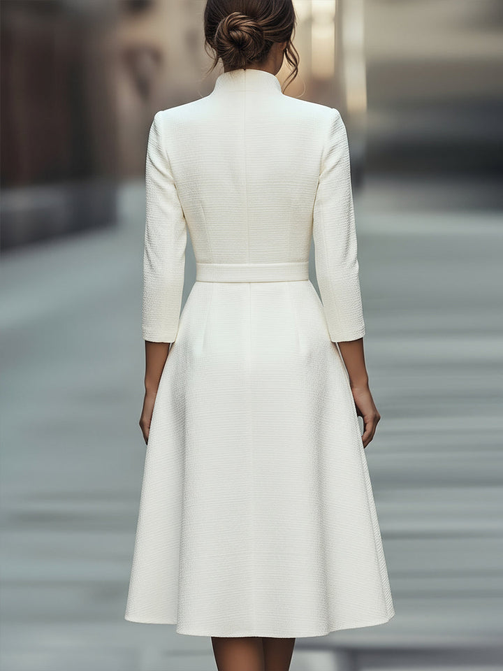 Abito Midi Donna Testurizzato con Cintura Scollo a V