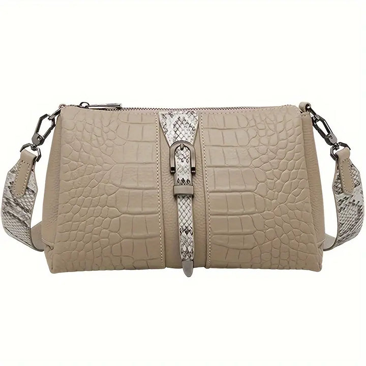 Borsa a tracolla beige in pelle effetto coccodrillo, dettagli in pelle di serpente, chiusura con fibbia, design elegante e moderno.