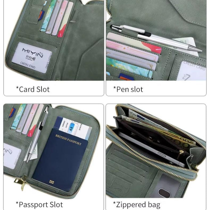 Portafoglio verde in pelle con slot per carte, penna e passaporto, tasca con zip per contanti e documenti. Design elegante e funzionale per viaggiatori.