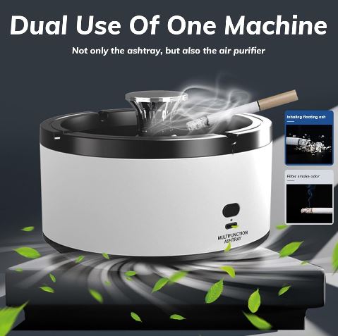 Posacenere multifunzione e purificatore d'aria, design moderno, fumo in aspirazione, foglie verdi, tecnologia avanzata, uso duale.