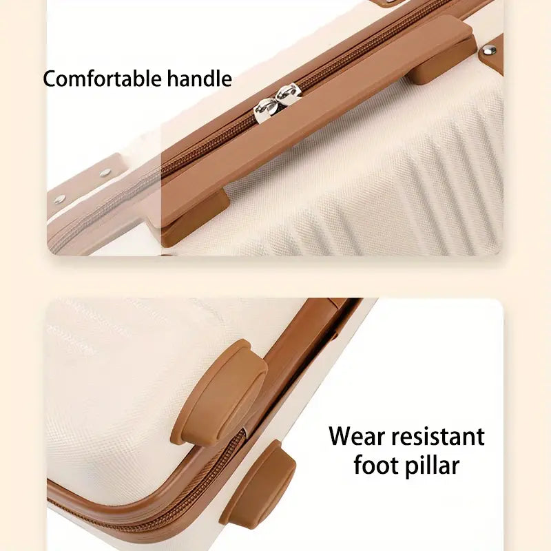 Valigia rigida beige con manico ergonomico e piedini resistenti all'usura, chiusura a zip robusta. Accessori viaggio, bagaglio a mano.