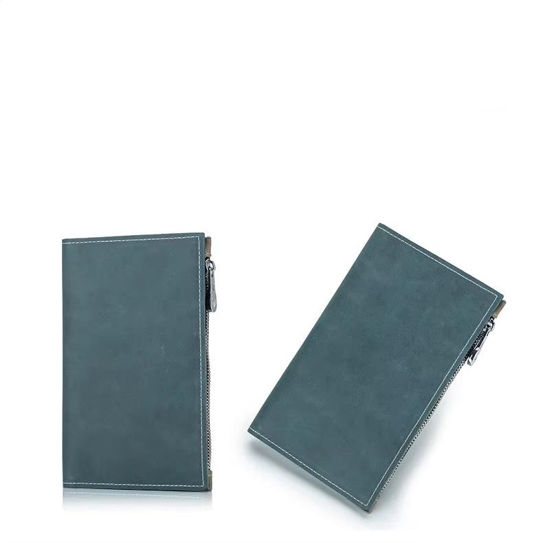 Portafoglio in pelle blu con cerniera, design elegante e moderno, accessorio moda uomo e donna, ideale per carte e contanti.