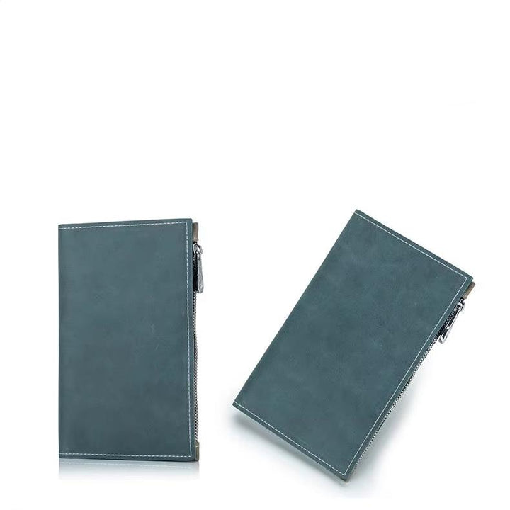 Portafoglio in pelle blu con cerniera, design elegante e moderno, accessorio moda uomo e donna, ideale per carte e contanti.