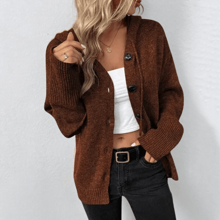 Cardigan Gilet Donna in Maglia con Cappuccio Scollo a V Abbottonato