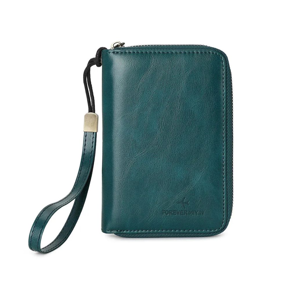 Portafoglio donna in pelle verde con cerniera e cinturino da polso, design elegante e compatto, ideale per carte e contanti.