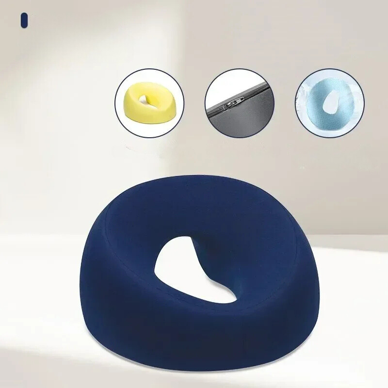 Cuscino ergonomico blu per seduta, supporto lombare, design a ciambella, ideale per ufficio e casa, riduce il dolore, comfort e postura corretta.