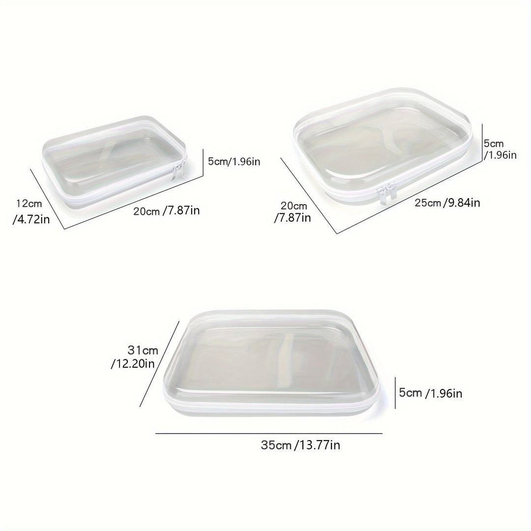 Set di tre contenitori in silicone trasparente con coperchio, dimensioni: 20x12x5 cm, 25x20x5 cm, 35x31x5 cm. Ideali per conservare alimenti.