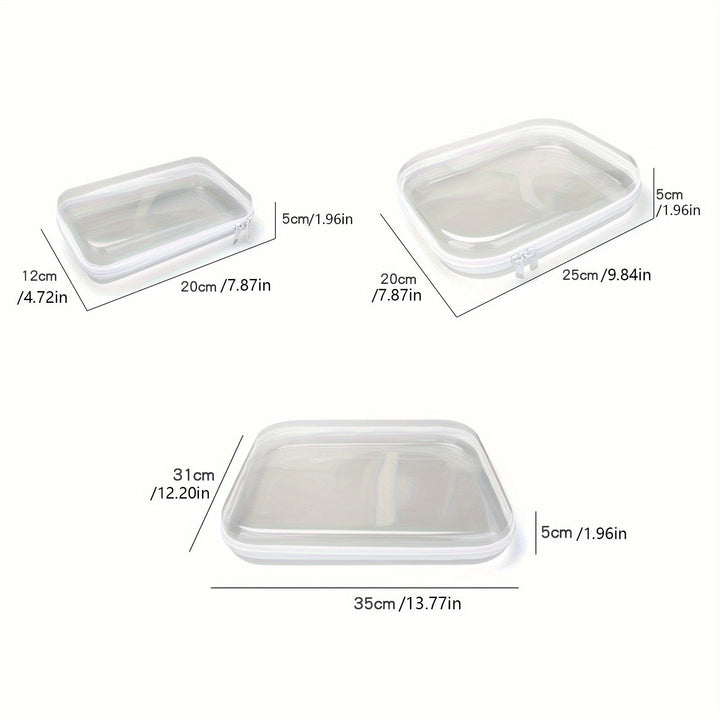 Set di tre contenitori in silicone trasparente con coperchio, dimensioni: 20x12x5 cm, 25x20x5 cm, 35x31x5 cm. Ideali per conservare alimenti.