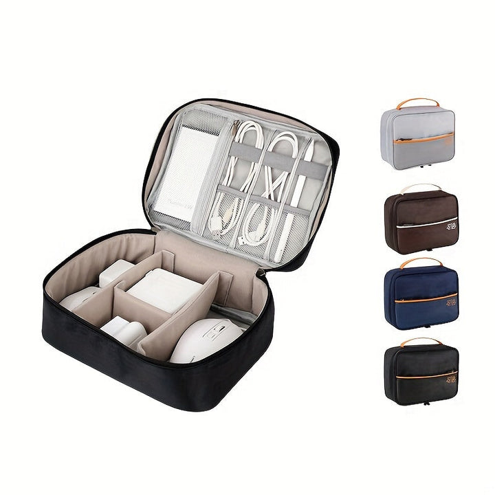 Borsa organizer per cavi e accessori elettronici, disponibile in quattro colori: nero, grigio, marrone e blu. Design compatto e tasche multiple.