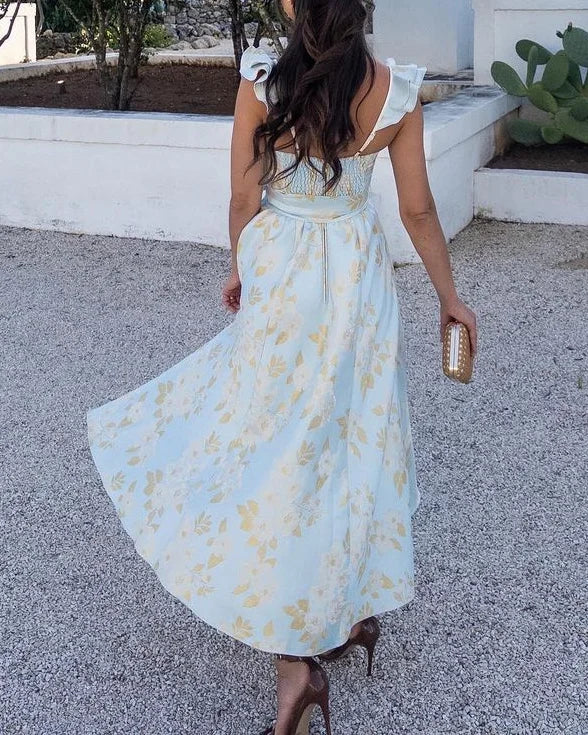 Abito Midi Donna con Fiocco e Spalline Arricciate