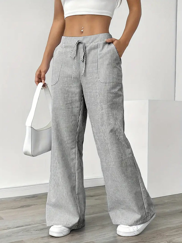 Pantaloni Donna Lino Leggeri Traspiranti Gamba Larga Tasche