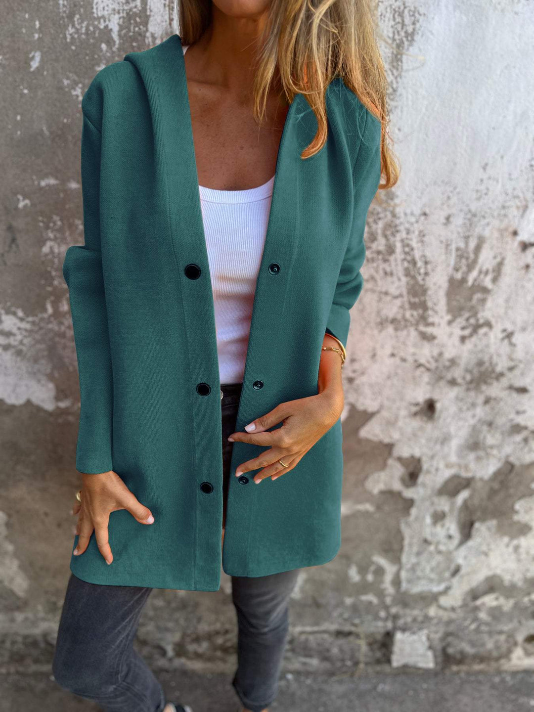 Cardigan Donna in Maglia con Cappuccio e Bottoni Casual