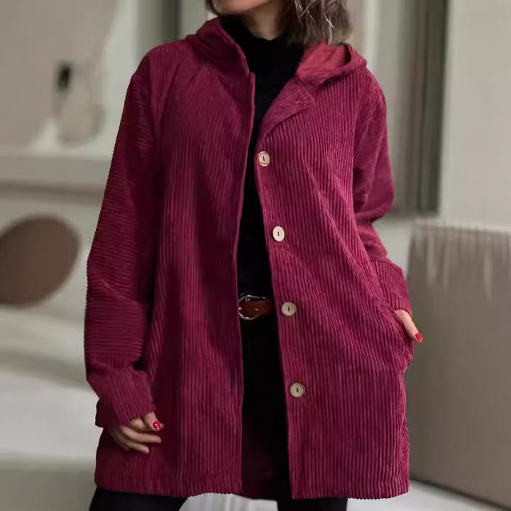 Giacca Donna in Velluto a Coste con Cappuccio Maglione Casual Media