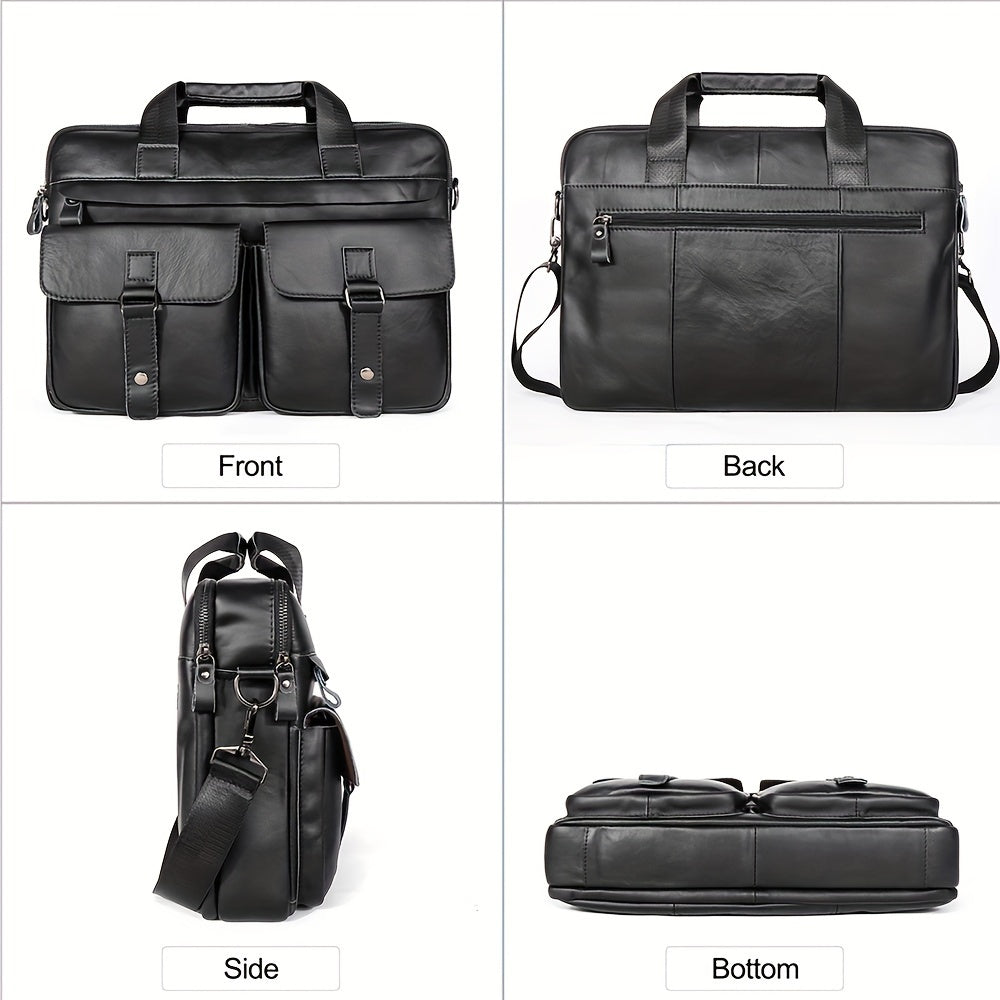 Borsa ventiquattrore in pelle nera, vista frontale, posteriore, laterale e inferiore. Design elegante, tasche multiple, tracolla regolabile.
