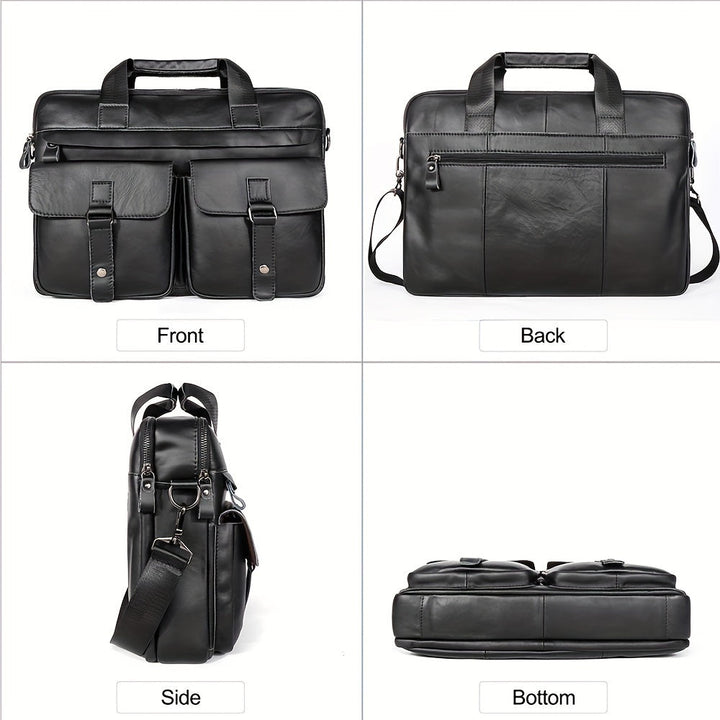 Borsa ventiquattrore in pelle nera, vista frontale, posteriore, laterale e inferiore. Design elegante, tasche multiple, tracolla regolabile.