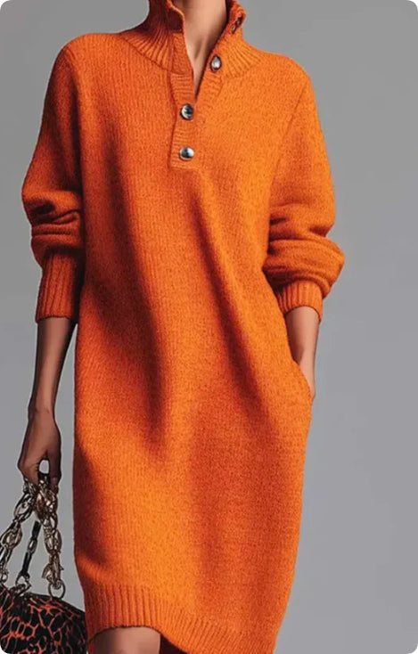 Abito Donna in Maglia Manica Lunga Scollo a V con Bottoni