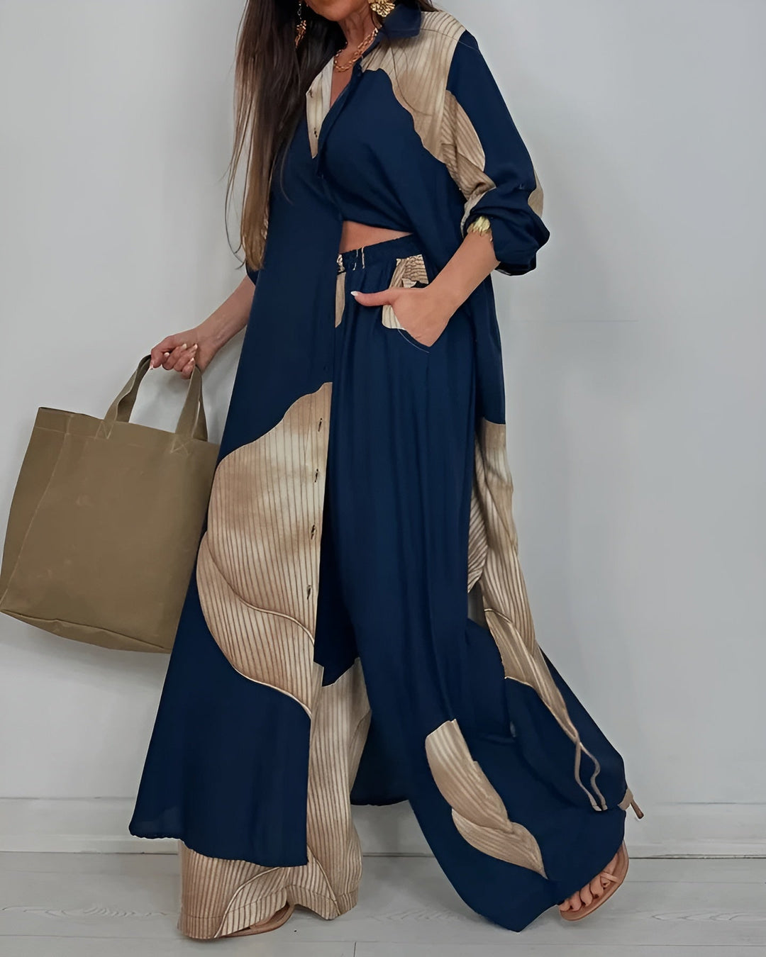 Completo Donna Camicia Colletto Bottoni Pantaloni Vita Alta Gamba
