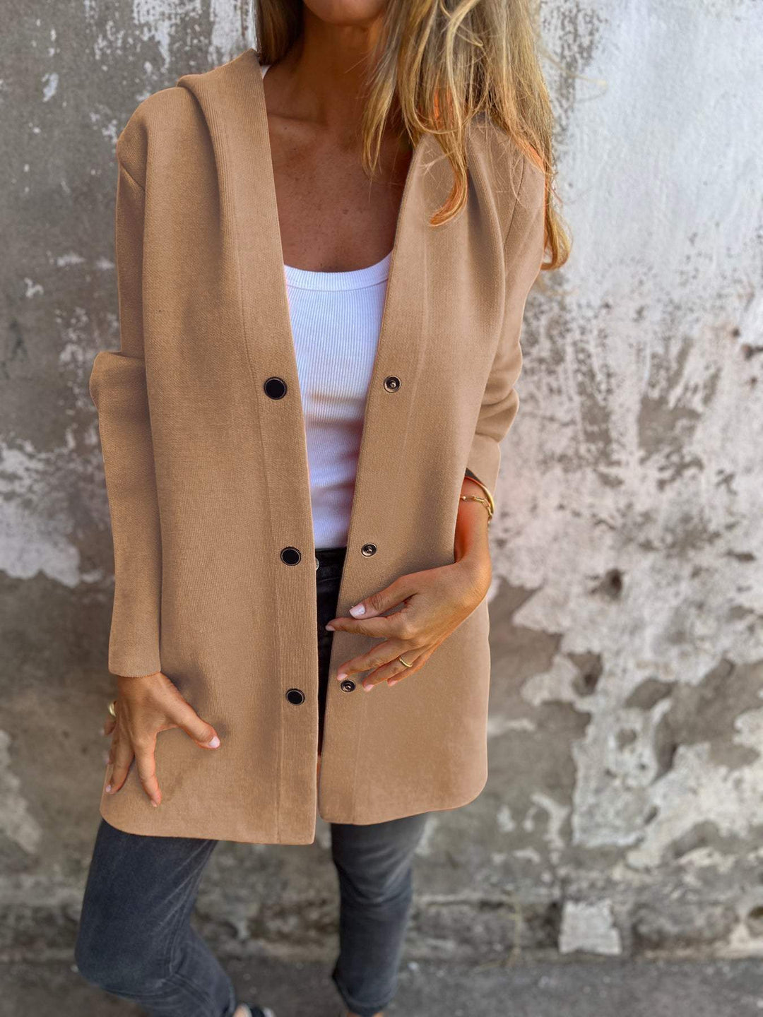 Cardigan Donna in Maglia con Cappuccio e Bottoni Casual - Vesarelli