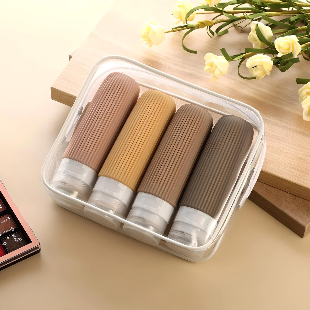 Set di flaconi da viaggio in silicone colorati, riutilizzabili, con custodia trasparente. Ideali per shampoo, lozioni, cosmetici. Perfetti per viaggi aerei.