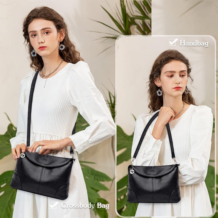 Donna con borsa a tracolla nera in pelle, abito bianco elegante, sfondo verde. Borsa versatile, moda femminile, accessorio di tendenza.