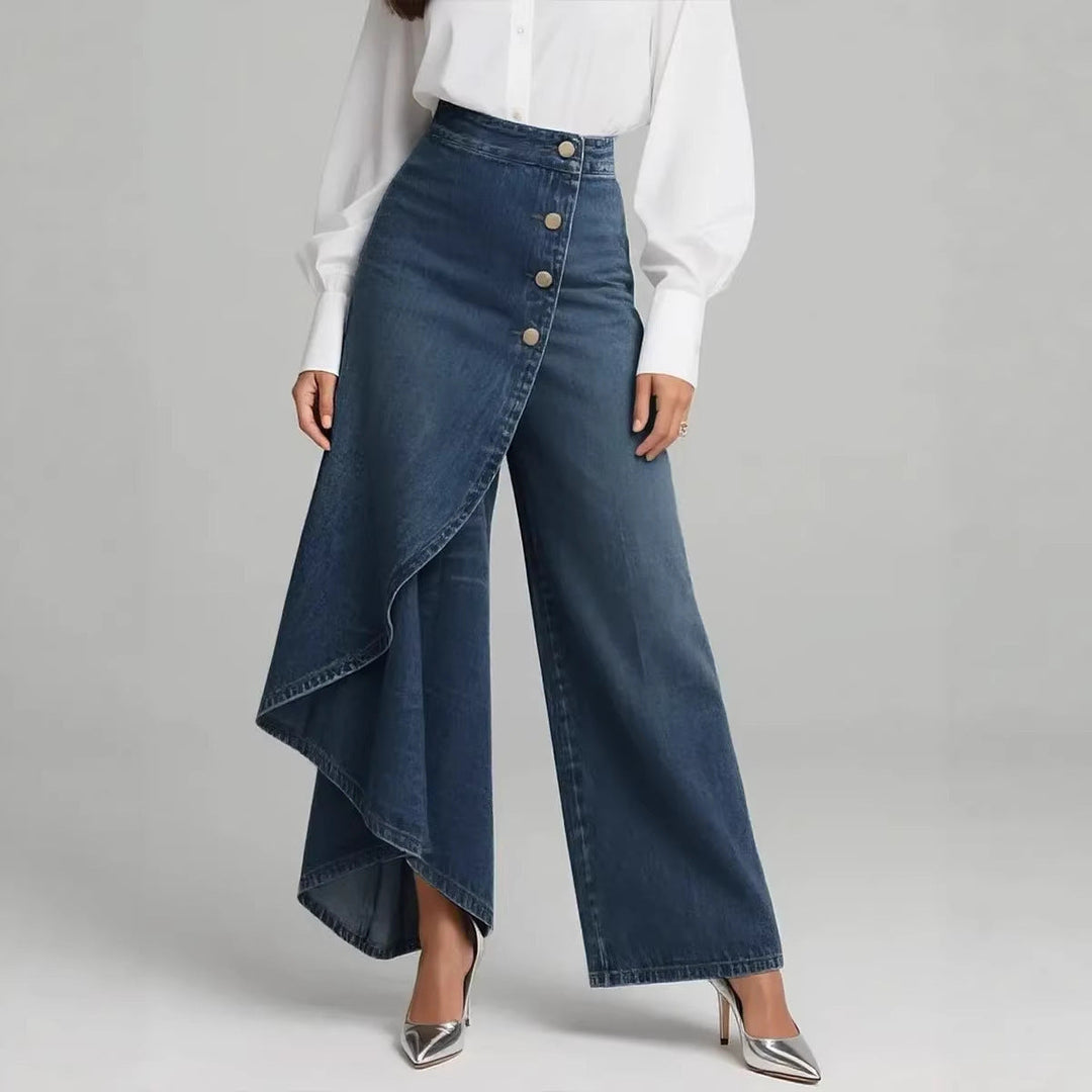 Pantaloni Donna Finto Denim Gamba Dritta Bottoni Arricciati
