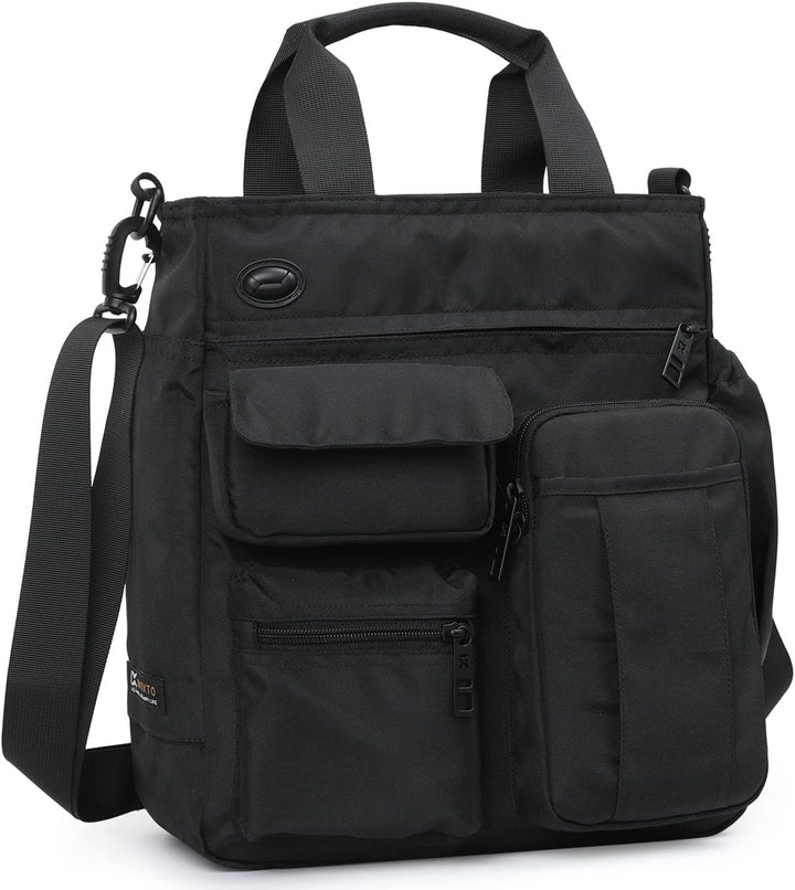 Borsa a tracolla nera multifunzione in nylon, con tasche frontali con zip e manici, ideale per lavoro e viaggio. Design elegante e pratico.