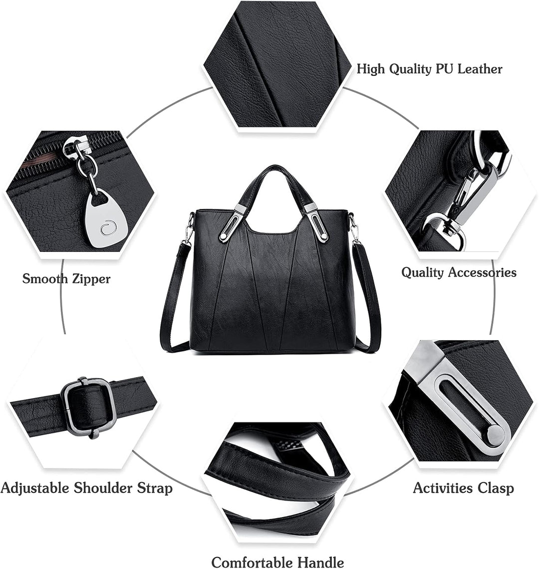 Borsa a mano in pelle PU nera con manico comodo, tracolla regolabile, cerniera liscia, accessori di qualità e chiusura attività.