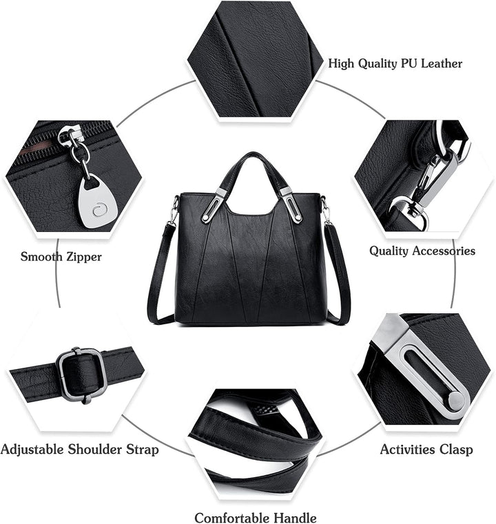 Borsa a mano in pelle PU nera con manico comodo, tracolla regolabile, cerniera liscia, accessori di qualità e chiusura attività.