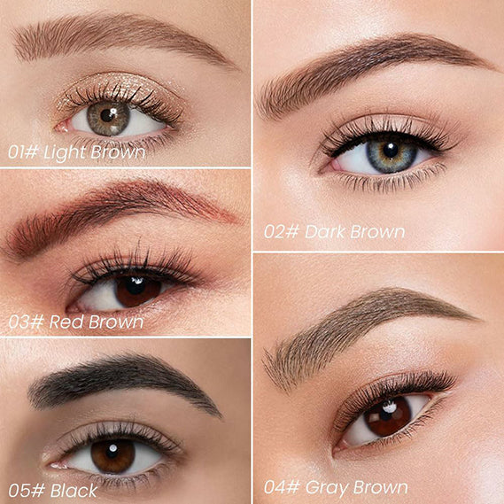 Cinque tonalità di sopracciglia: Light Brown, Dark Brown, Red Brown, Gray Brown, Black. Trucco occhi, bellezza, cosmetici per sopracciglia.