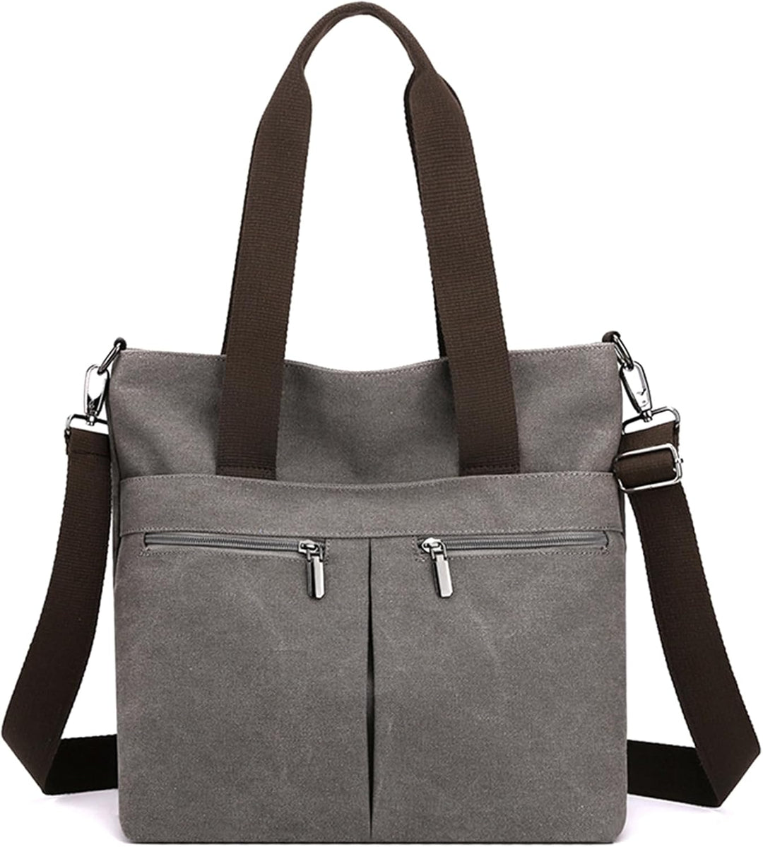 Borsa a tracolla in tela grigia con doppia cerniera, manici marroni e tracolla regolabile. Design casual, ideale per uso quotidiano.