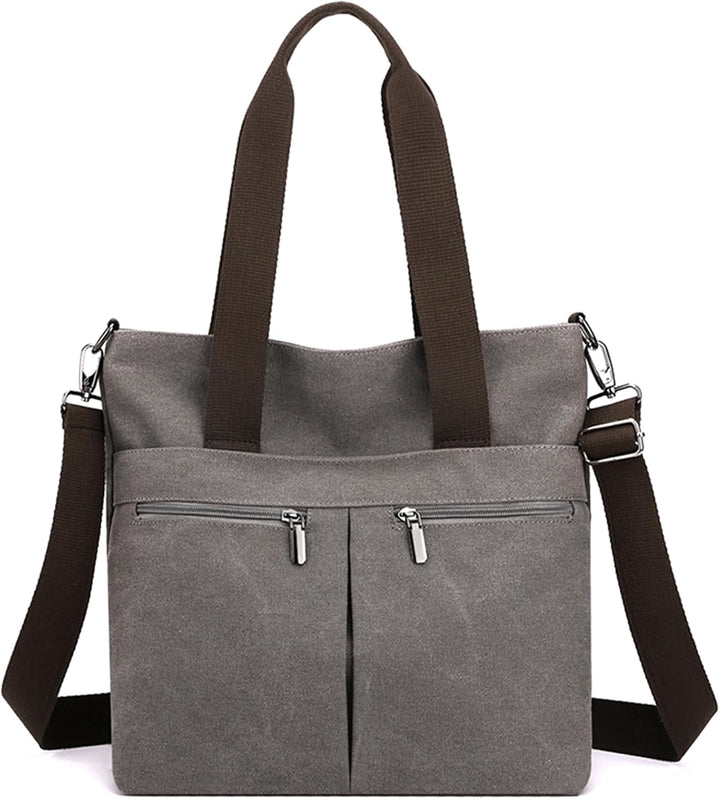 Borsa a tracolla in tela grigia con doppia cerniera, manici marroni e tracolla regolabile. Design casual, ideale per uso quotidiano.