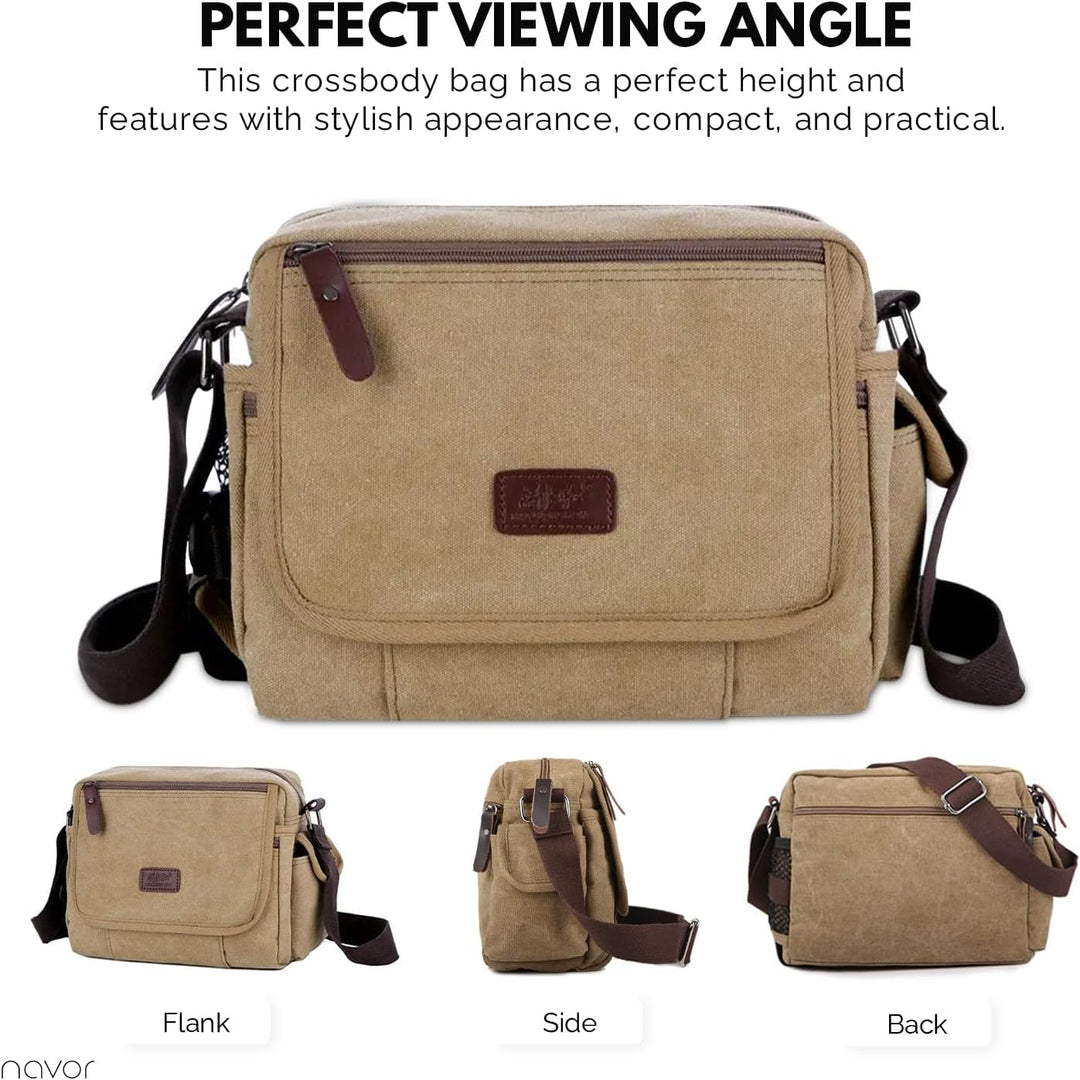 Borsa a tracolla beige in tela con dettagli in pelle marrone, design compatto e pratico, vista frontale, laterale e posteriore. Elegante e funzionale.