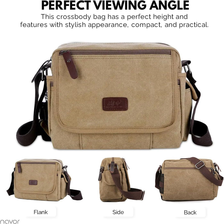 Borsa a tracolla beige in tela con dettagli in pelle marrone, design compatto e pratico, vista frontale, laterale e posteriore. Elegante e funzionale.