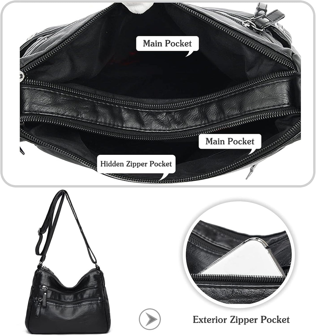 Borsa a tracolla in pelle nera con tasche multiple: tasca principale, tasca con cerniera nascosta, tasca esterna con cerniera. Design elegante e funzionale.