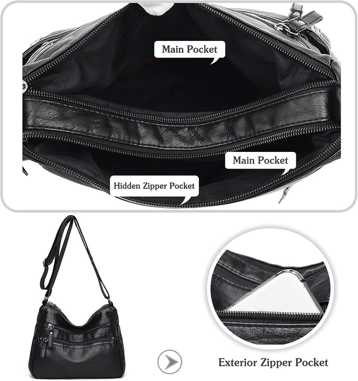 Borsa a tracolla in pelle nera con tasche multiple: tasca principale, tasca con cerniera nascosta, tasca esterna con cerniera. Design elegante e funzionale.