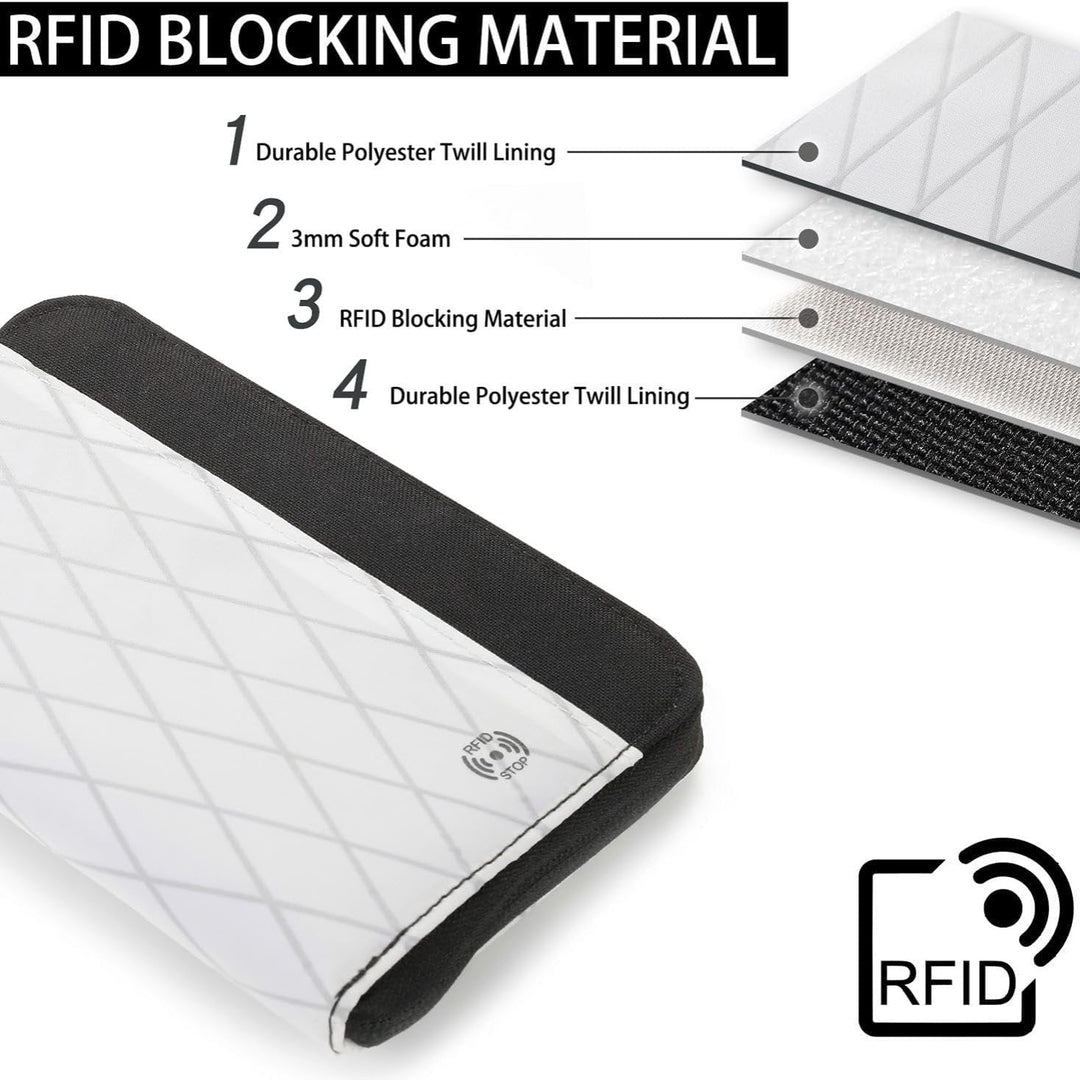 Custodia protettiva RFID bianca e nera, materiale in poliestere durevole, schiuma morbida 3mm, blocco RFID, design a rombi, sicurezza carte di credito.