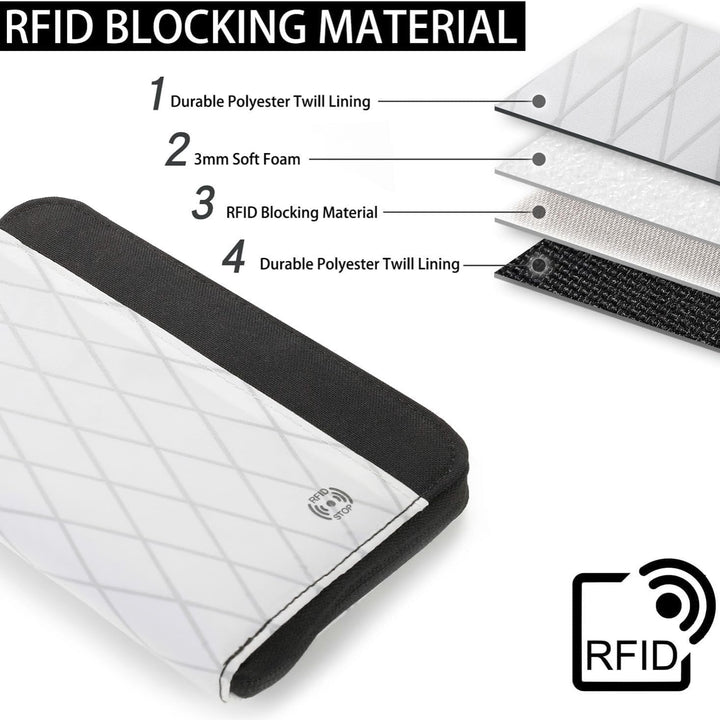 Custodia protettiva RFID bianca e nera, materiale in poliestere durevole, schiuma morbida 3mm, blocco RFID, design a rombi, sicurezza carte di credito.