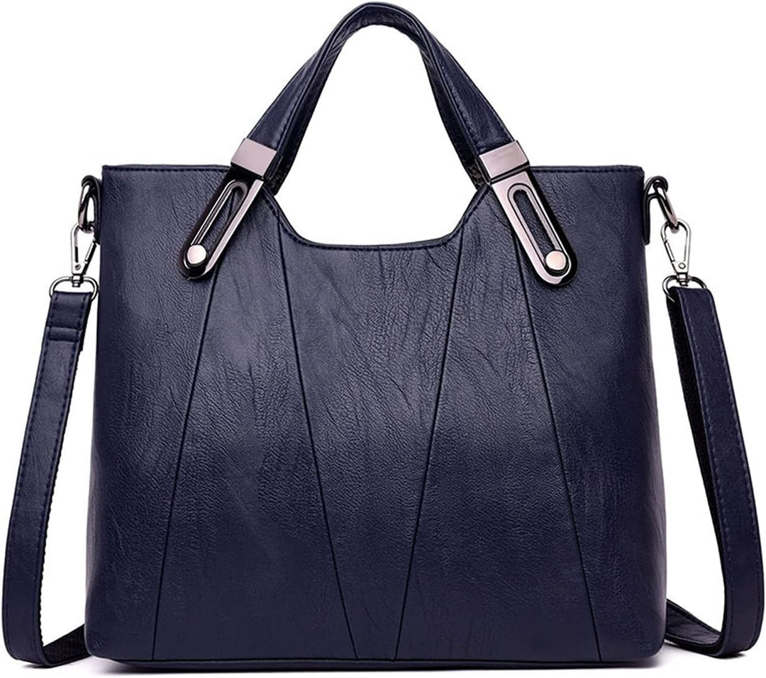 Borsa a mano donna in pelle sintetica blu scuro, design elegante con tracolla regolabile, accessori metallici, moda femminile, shopping.