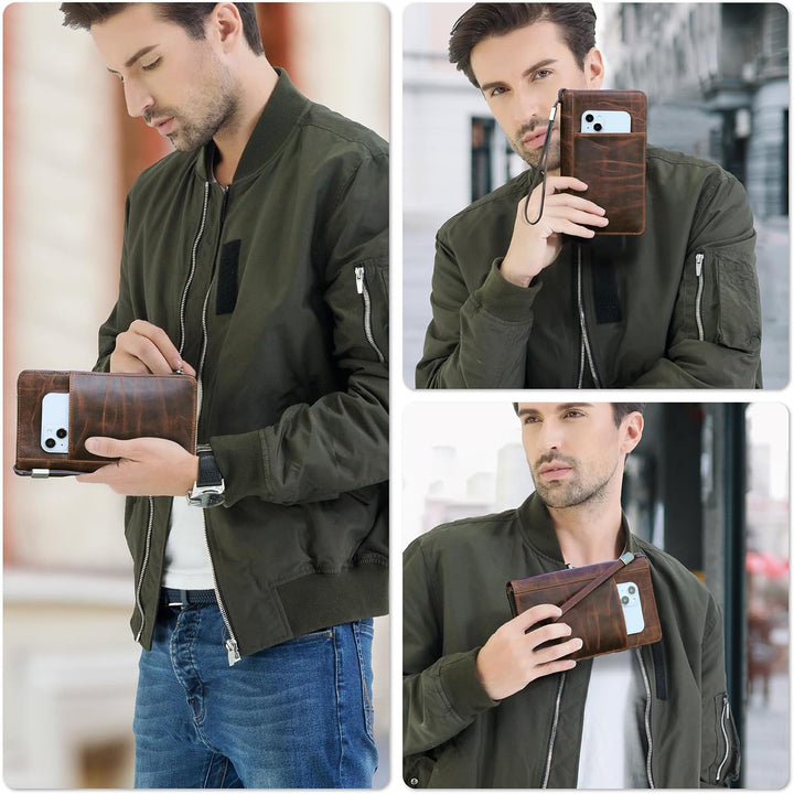 Uomo con giacca verde e jeans tiene un portafoglio in pelle marrone con smartphone. Accessorio elegante e funzionale per uomo moderno.