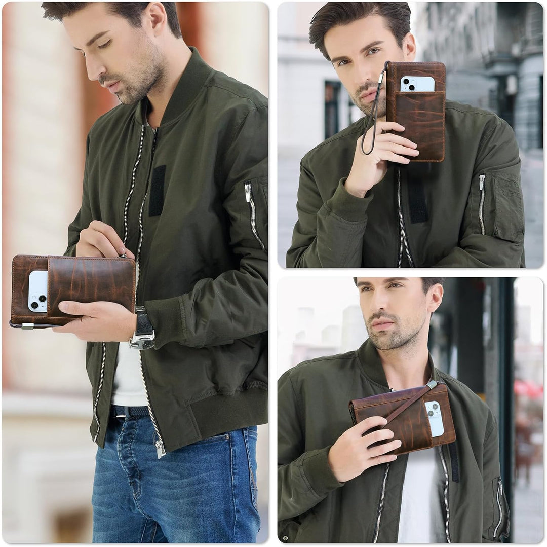 Uomo con giacca verde e jeans tiene portafoglio in pelle marrone con smartphone. Accessorio moda maschile, pratico e elegante.